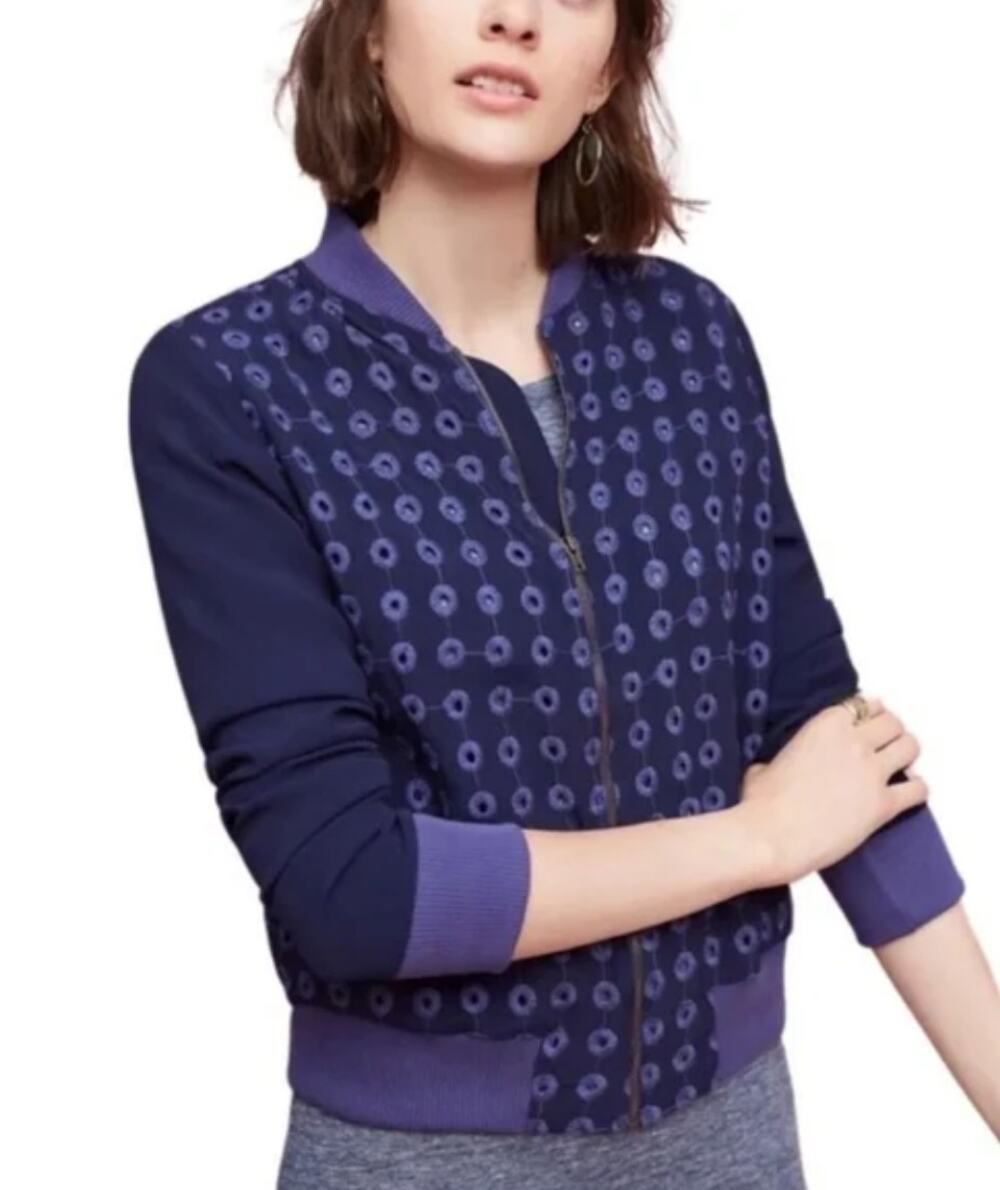 Anthropologie Amadi Blue Eyelet Soft Bomber Jacket Full Zip Womens Petite Medium